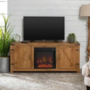 New Rustic Wood 2 Barn Door Electric Fireplace 58" Tv Intended For Most Current Barn Door Wood Tv Stands (Photo 10 of 15)