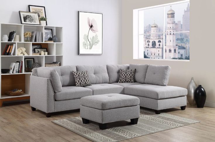 Oah D6605 3 Pc Martinique Light Gray Linen Like Fabric In 2pc Polyfiber Sectional Sofas With Nailhead Trims Gray (Photo 10 of 15)