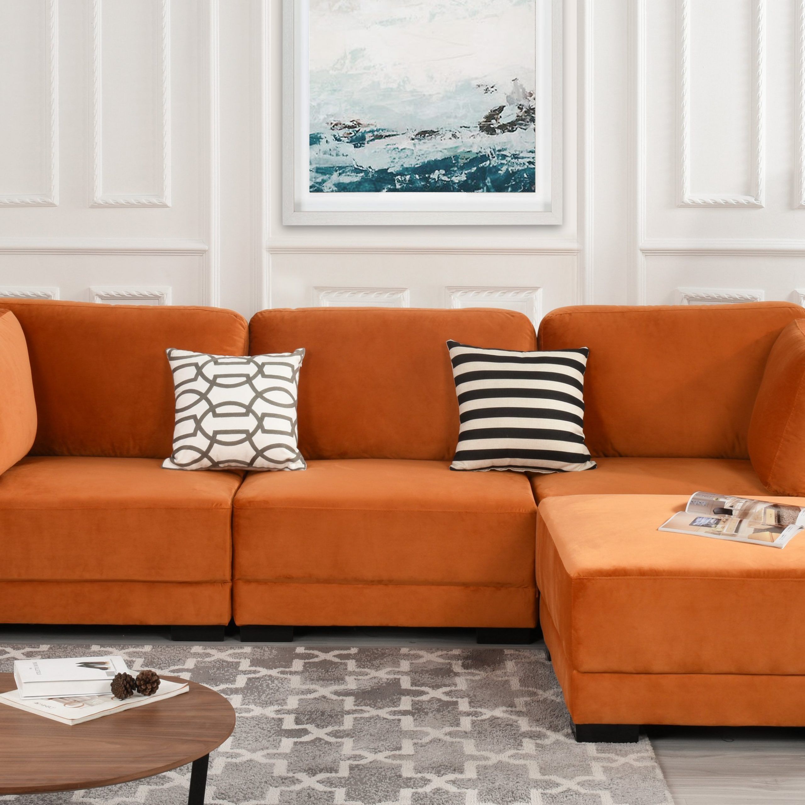 Orange Upholstered Velvet Sectional Sofa, L Shape Modern Pertaining To Florence Mid Century Modern Velvet Left Sectional Sofas (View 4 of 15)