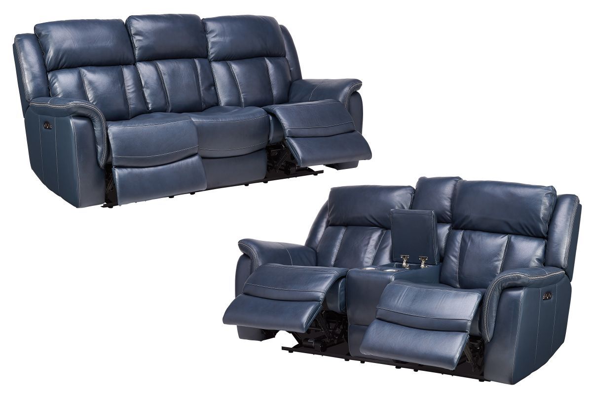 Patriot Blue Leather Dual Power Reclining Sofa + Loveseat Throughout Dual Power Reclining Sofas (View 8 of 15)
