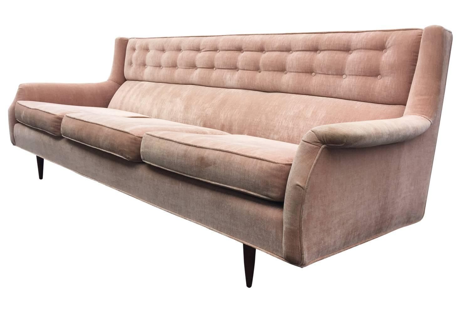 Pink Blush Velvet Mid Century Modern Sofa With Tufted Back Inside Florence Mid Century Modern Velvet Left Sectional Sofas (View 1 of 15)