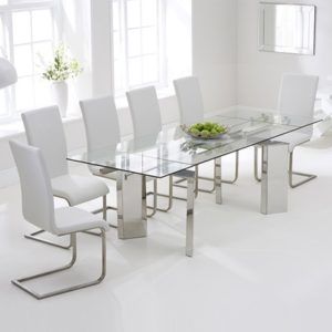 Preferred Milan Glass Tv Stands Intended For Milton Glass Extending Dining Table With 8 Milan White Chairs (Photo 14 of 15)