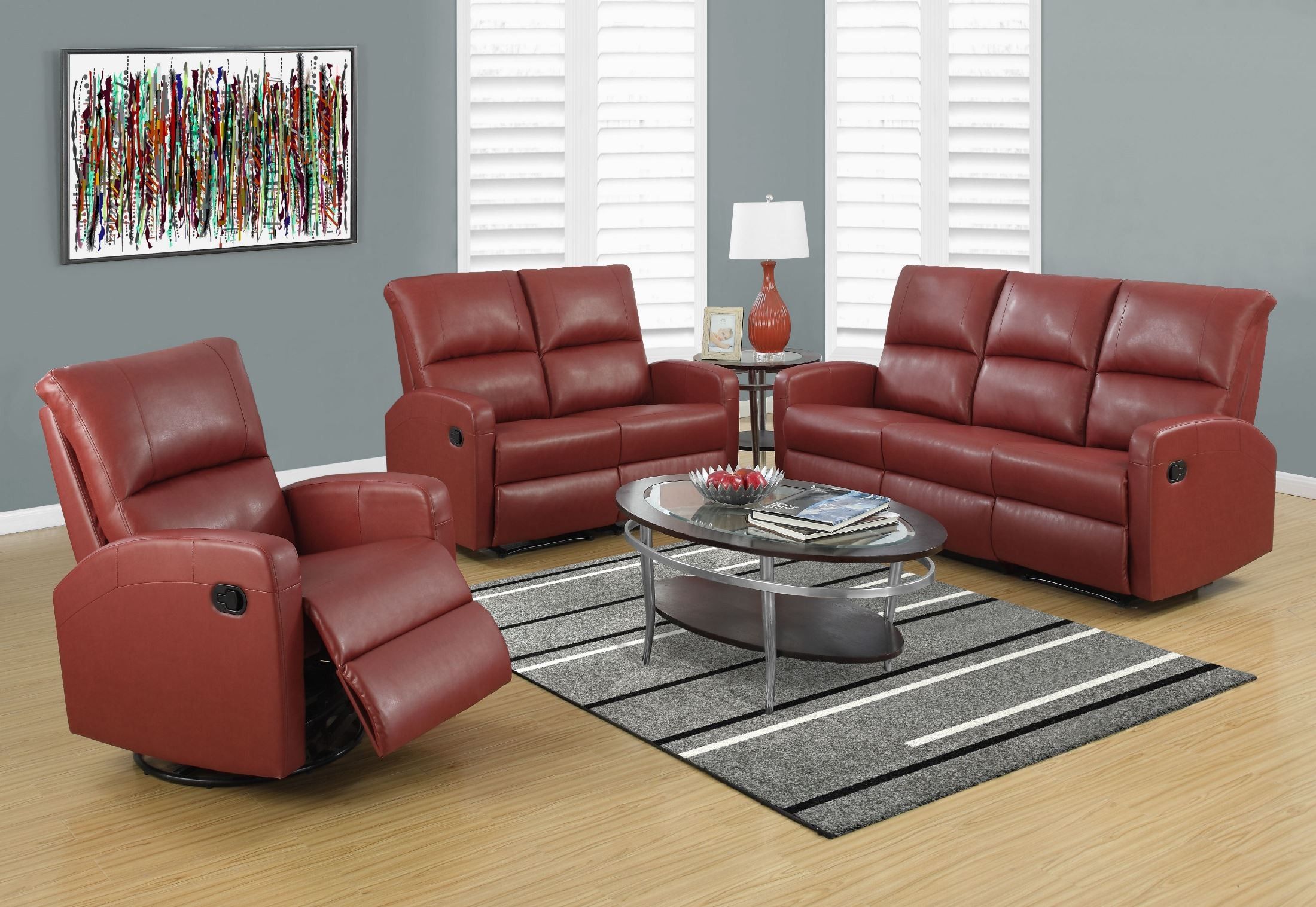 Red Bonded Leather Reclining Sofa From Monarch | Coleman Intended For Bonded Leather All In One Sectional Sofas With Ottoman And 2 Pillows Brown (Photo 9 of 15)