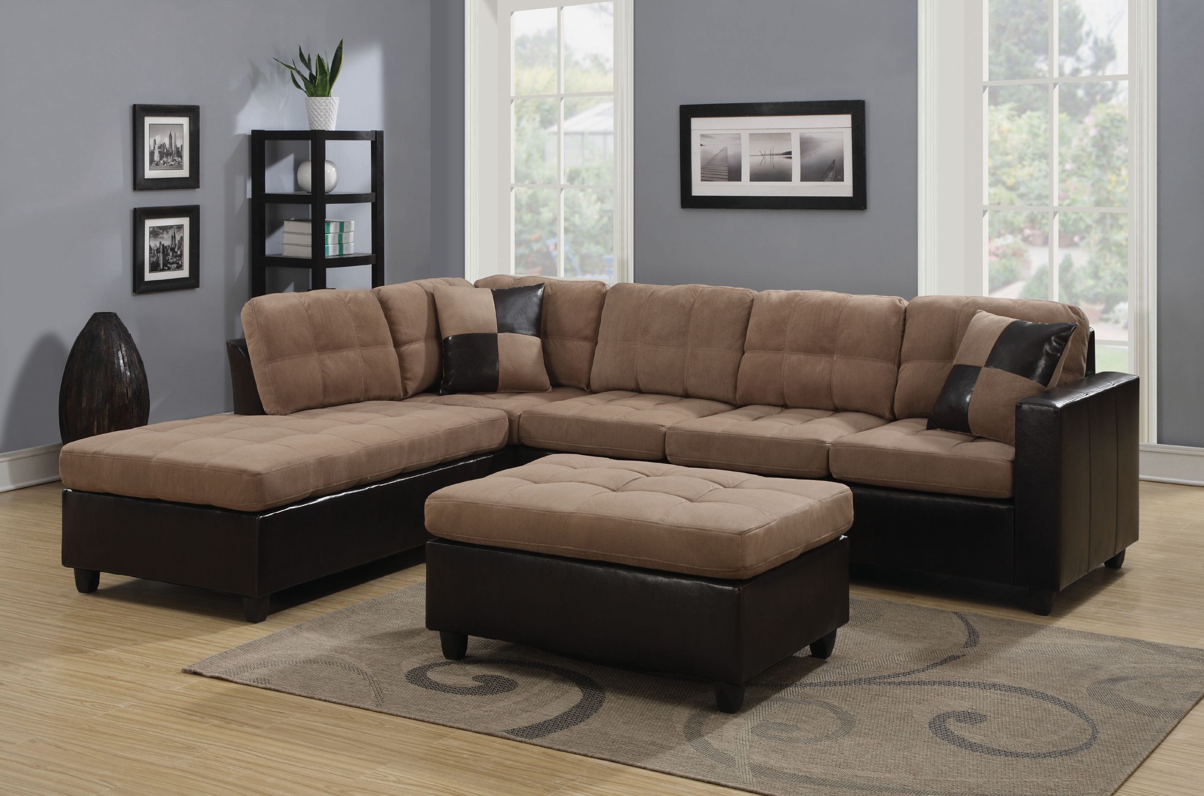 Reversible Tan Microfiber Sectional Sofa With Chaise Set With Regard To Clifton Reversible Sectional Sofas With Pillows (View 5 of 15)