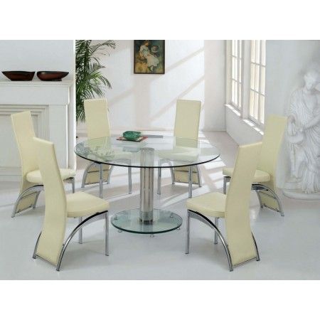 Round Glass Dining Table Large Ice Transparent + 6 X D212 Regarding Most Recent Space Saving Black Tall Tv Stands With Glass Base (View 12 of 15)