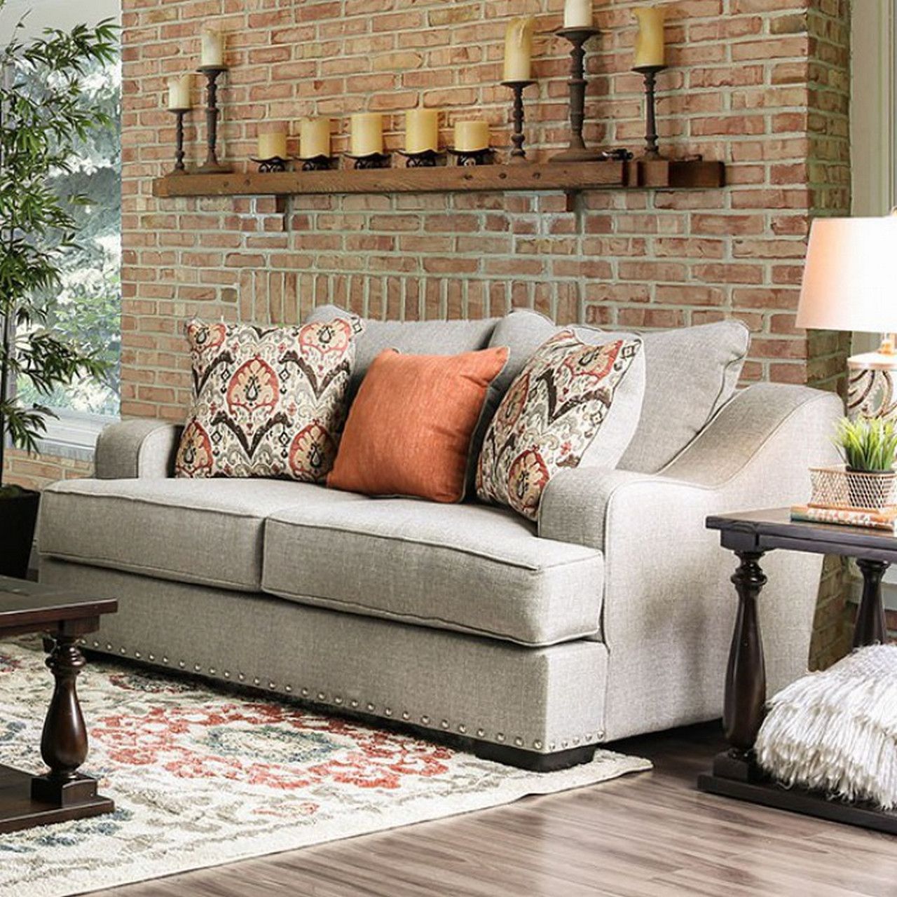 Savannah Transitional Sloped Arms Light Grey Sofa Set With Intended For 2pc Polyfiber Sectional Sofas With Nailhead Trims Gray (View 11 of 15)