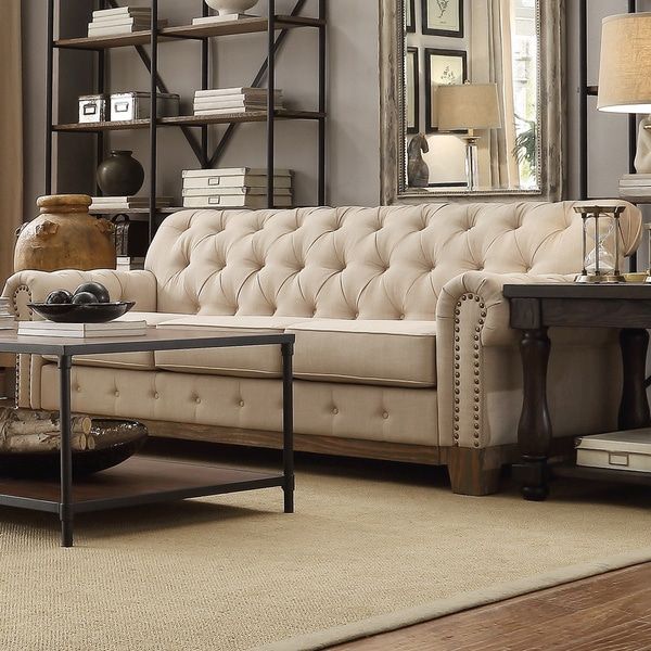 Shop Greenwich Tufted Scroll Arm Nailhead Beige With Artisan Beige Sofas (View 11 of 15)