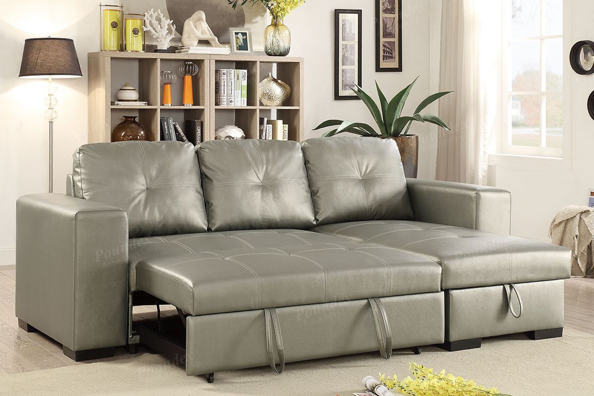 Silver Faux Leather Convertible Sectional Sofa Bed With Regard To Prato Storage Sectional Futon Sofas (Photo 13 of 15)