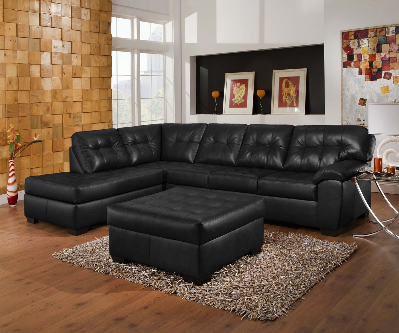 Soho Contemporary Onyx Leather Sectional Sofa W/ Left Chaise Intended For Sectional Sofas With Oversized Ottoman (View 10 of 15)