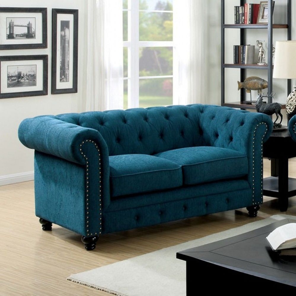 Stanford Dark Teal Fabric Loveseat Inside 3pc Polyfiber Sectional Sofas With Nail Head Trim Blue/gray (View 3 of 15)