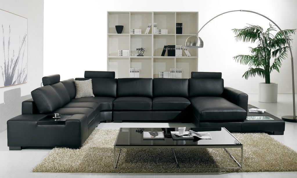 T 35 Large U Shaped Modern Leather Sectional Sofa With Lights With Regard To Wynne Contemporary Sectional Sofas Black (View 5 of 15)