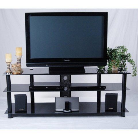 Tier One Designs Black Glass And Aluminum Tv Stand With With Regard To 2017 Contemporary Black Tv Stands Corner Glass Shelf (View 5 of 15)