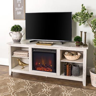 Traditional 58" White Wash Wood Tv Stand With Fireplace Intended For Widely Used Electric Fireplace Tv Stands With Shelf (View 2 of 15)