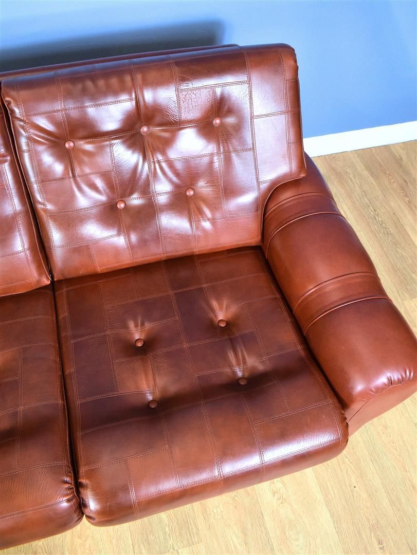 Vintage 3 Seater Sofa In Cognac Brown Faux Leather Danish In Florence Mid Century Modern Right Sectional Sofas Cognac Tan (View 11 of 15)