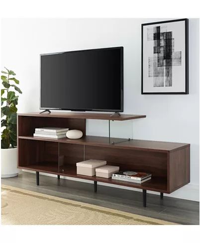 Walker Edison Asymmetrical Wood And Glass Console Pertaining To Trendy Urban Rustic Tv Stands (View 5 of 15)