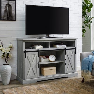 Widely Used Fitueyes Rolling Tv Cart For Living Room Regarding Stone Gray Modern Farmhouse Highboy Sliding Door 52" Tv (View 9 of 15)