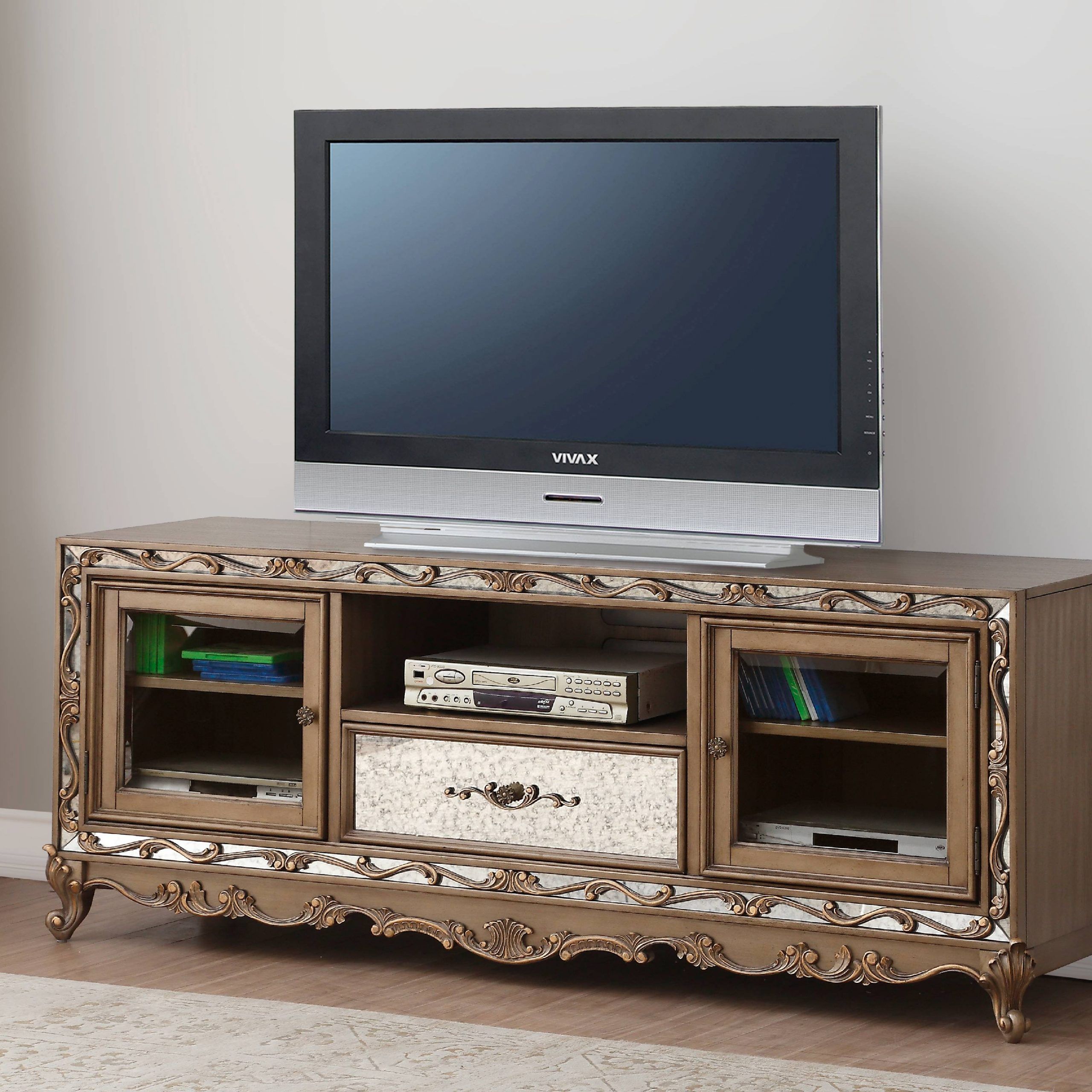 Acme Orianne Wooden Frame Tv Stand In Antique Gold Within 2018 Claudia Gold Effect Corner Tv Stands (View 1 of 12)
