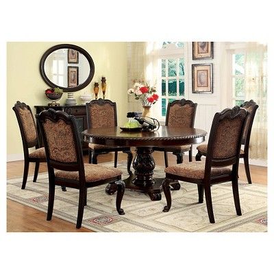 7 Piece Elegant Fabric Round Dining Set Wood/brown Cherry In Dark Brown Round Dining Tables (View 6 of 15)