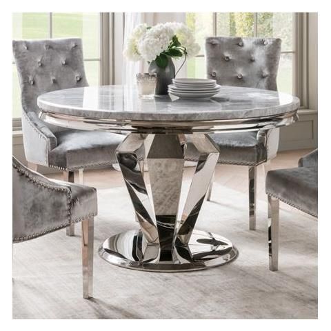 Arturo 130Cm Grey Marble And Stainless Steel Chrome Round Inside Chrome Metal Dining Tables (View 4 of 15)