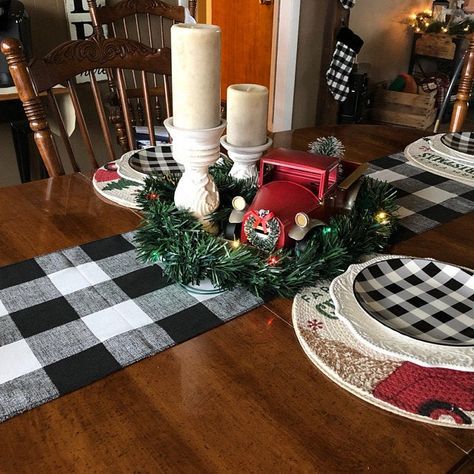Black Plaid Buffalo Check Table Runner Table Centerpiece Intended For White And Black Dining Tables (View 15 of 15)