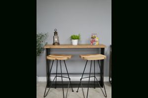 Modern Urban Solid Wood And Metal Industrial Bar Table With Round Hairpin Leg Dining Tables (View 4 of 15)