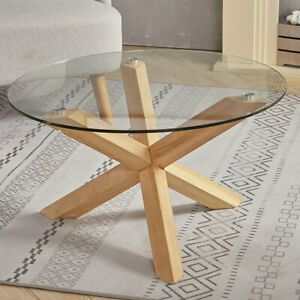 Round Coffee Table Sofa Side Table Tea Desk Glass Top Wood With Round Hairpin Leg Dining Tables (View 13 of 15)