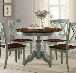 Round Pedestal Dining Table Set 4 Chairs Brown Green Solid Inside Vintage Brown Round Dining Tables (View 15 of 15)