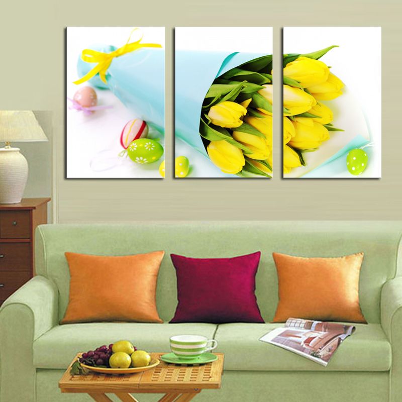 3 Panel Yellow Roses Modern Painting Canvas Wall Art Picture Home Inside Yellow Bloom Wall Art (View 6 of 15)