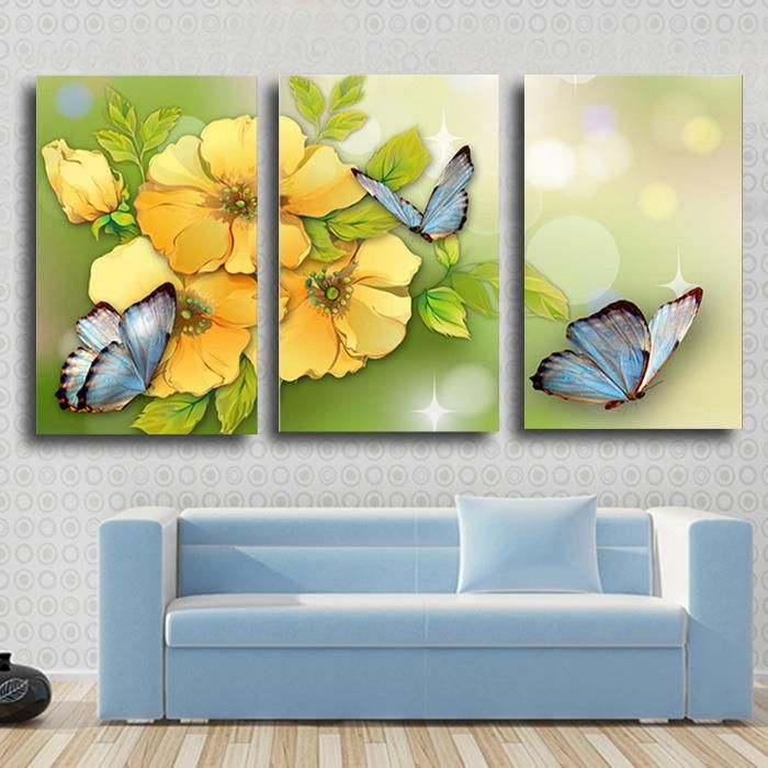 3 Piece Yellow Flower And Butterfly Modern Home Wall Wedding Decor Within Yellow Bloom Wall Art (View 5 of 15)
