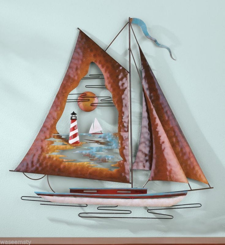 3d Nautical Metal Sailboat Wall Decor Seaside Lighthouse Scene Inside Sail Wall Art (View 12 of 15)
