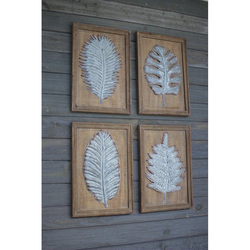 4 Piece Wood Framed Metal Leaves Wall Décor Set | Painted Fox Home Pertaining To Textured Metal Wall Art Set (View 10 of 15)