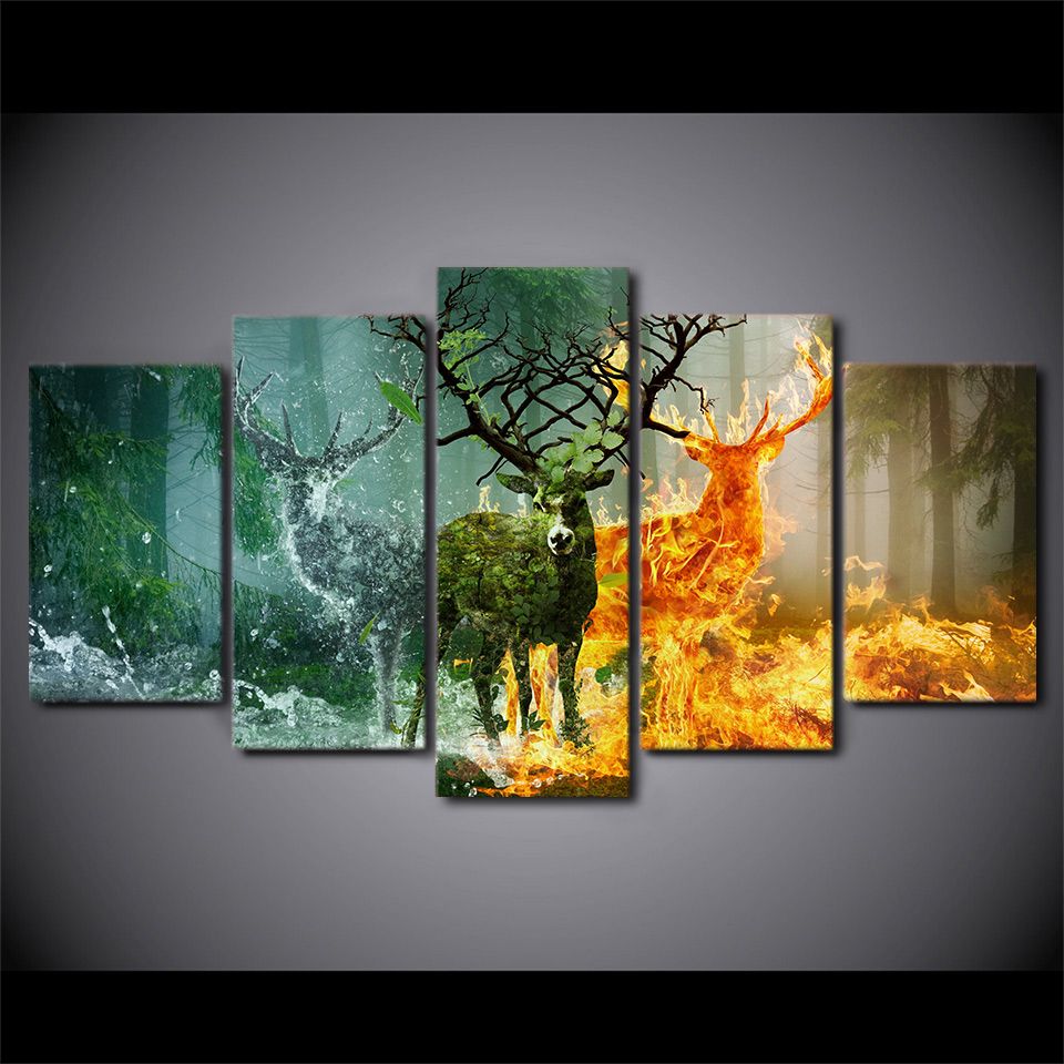 5 Panel Hd Printed Nature Forest Deer Wall Art Pictures Modular Home With Natural Wall Art (View 14 of 15)
