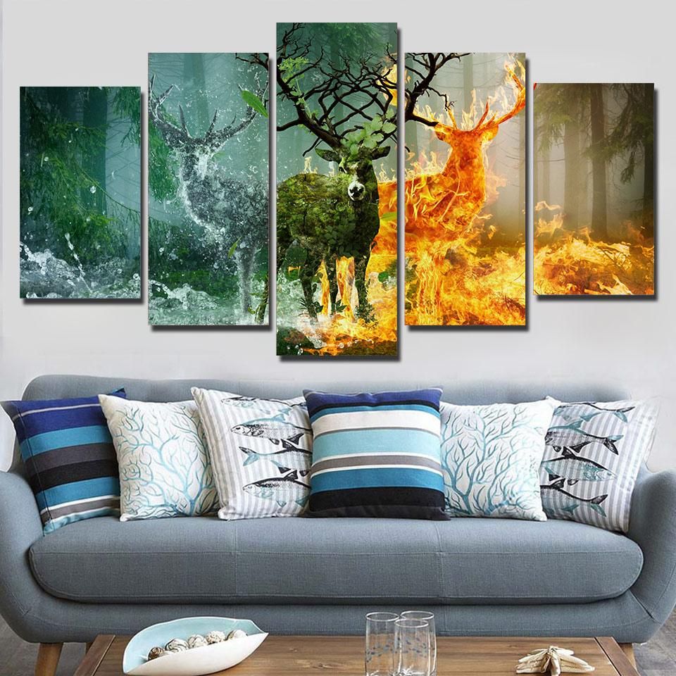 5 Panel Wall Art Canvas Paintings Abstract Art Deer Canvas Painting For Natural Wall Art (View 13 of 15)