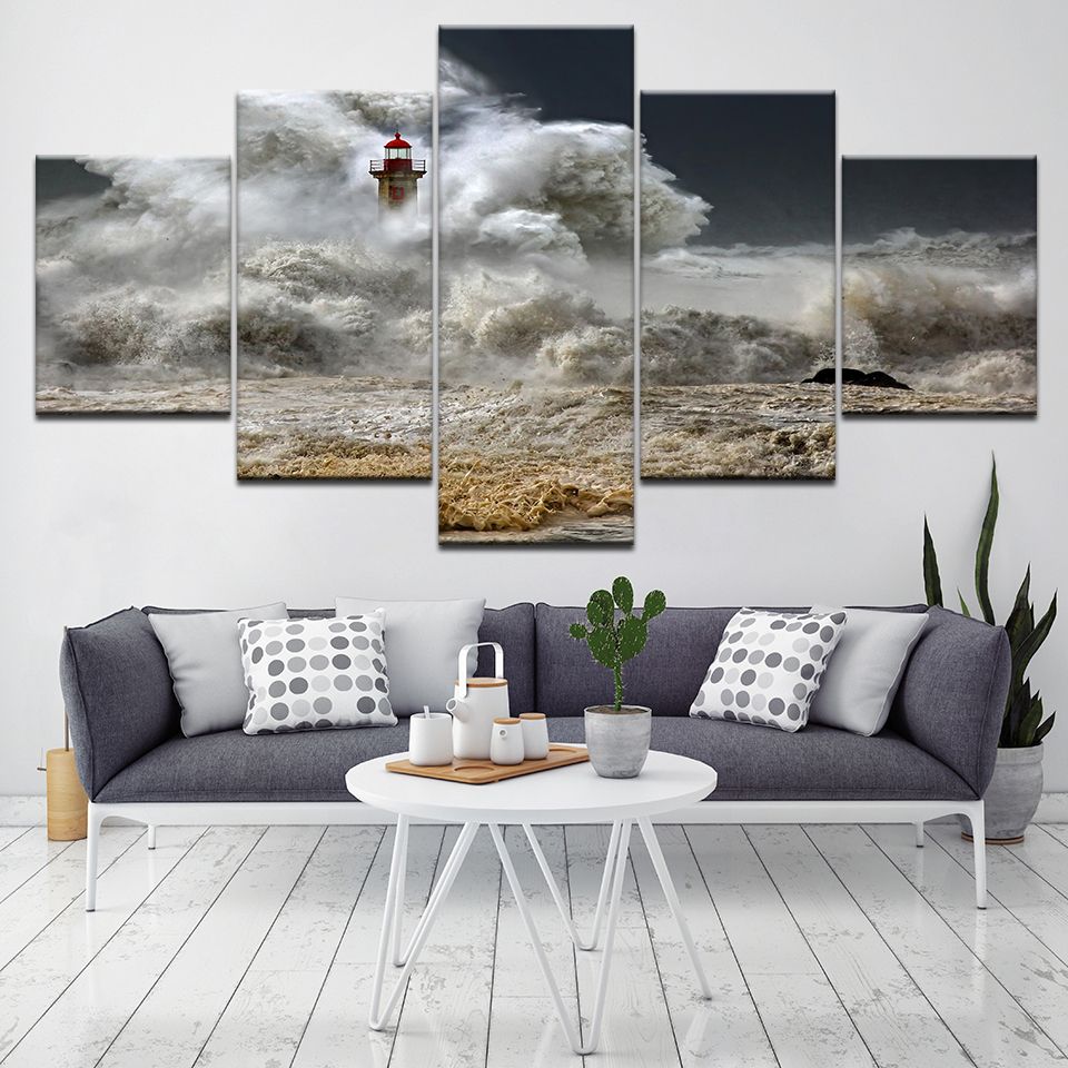 5 Panels Large Size Canvas Pictures Lighthouse Wall Art Prints Home Inside Lighthouse Wall Art (View 10 of 15)