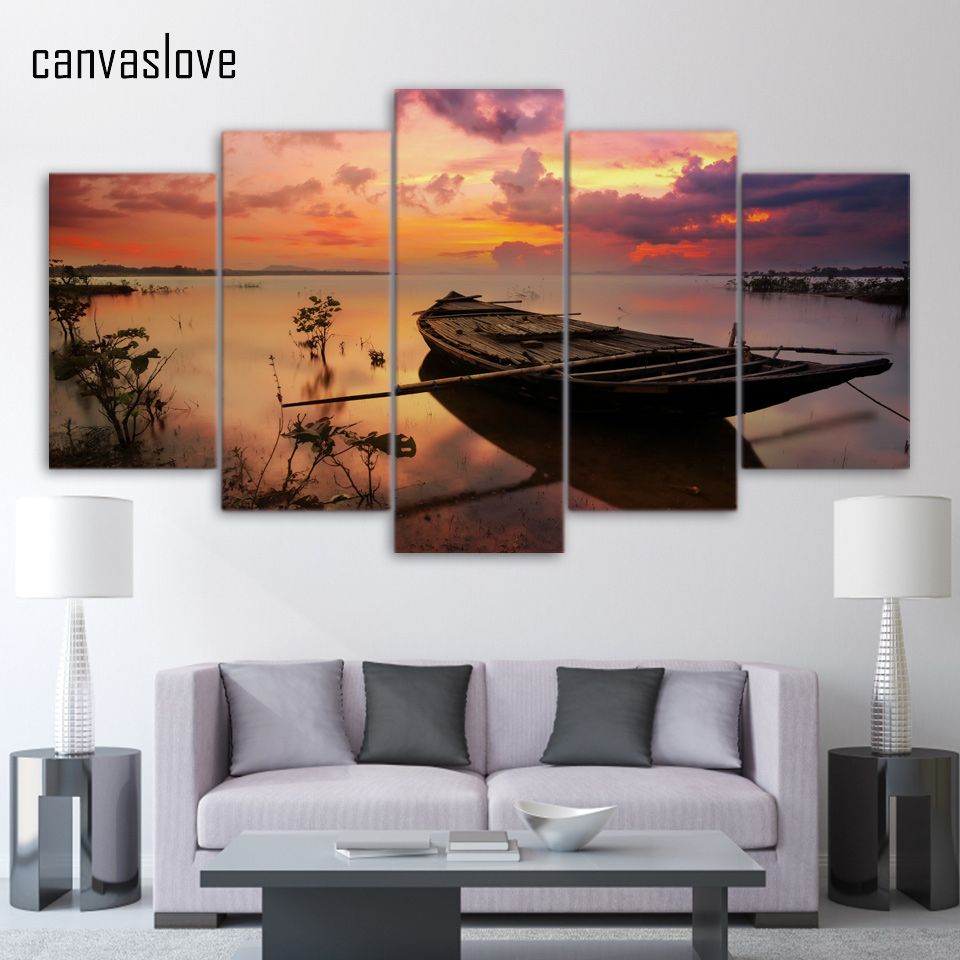 5 Piece Canvas Art Sunset Boat Silence Lake Canvas Painting Wall Decor Pertaining To Sunset Wall Art (View 6 of 15)