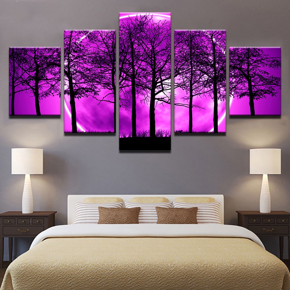 5 Pieces Purple Moon Night Psychedelic Forest Painting Wall Art Trees With Moonlight Wall Art (View 9 of 15)