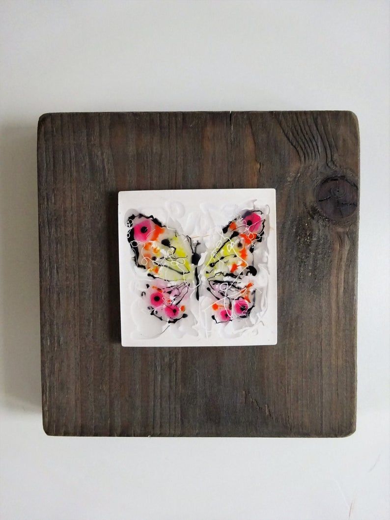 Abstract Butterfly Mini Tile On Distressed Wood Wall Art (View 2 of 15)