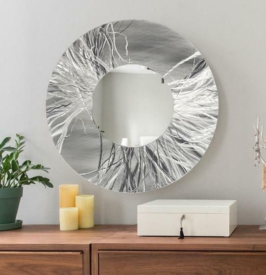 Abstract Hand Etched Silver Metal Wall Art Mirror Round Wall Mirror Regarding Metal Mirror Wall Art (View 10 of 15)