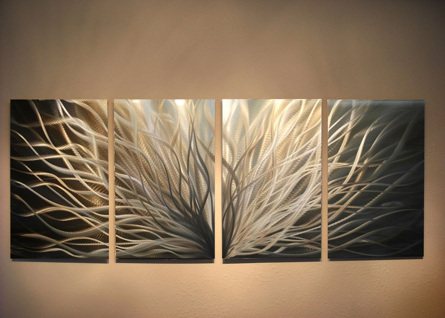 Abstract Metal Wall Art  Radiance Gold Silver  Contemporary Modern For Gold And Silver Metal Wall Art (View 6 of 15)