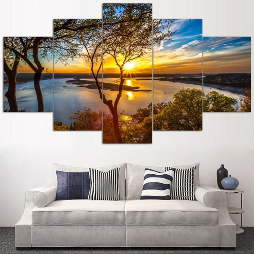 Beautiful Sunrise Lakeview – Nature 5 Panel Canvas Art Wall Decor For Natural Wall Art (View 3 of 15)