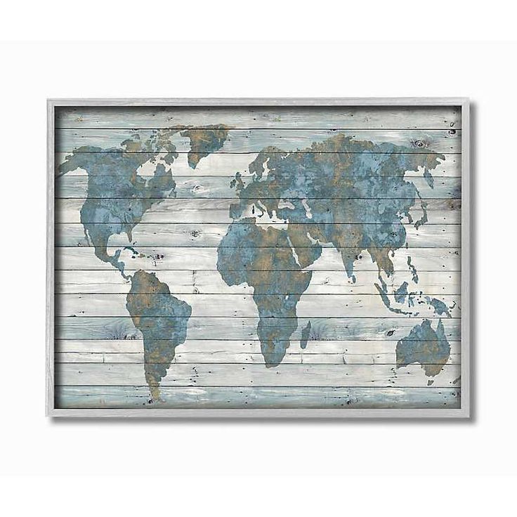 Blue And Tan Rustic Plank World Map Framed Art | Kirklands | World Map With Globe Wall Art (View 10 of 15)