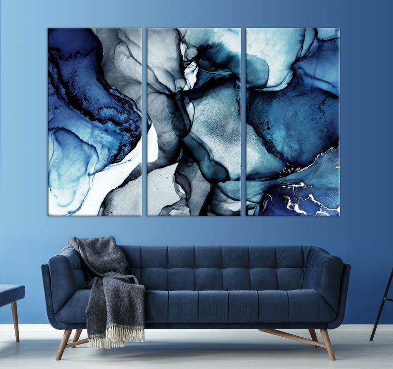 Blue Marble Wall Art Navy Blue Wall Decor Abstract Canvas | Etsy In With Blue Morpho Wall Art (View 15 of 15)