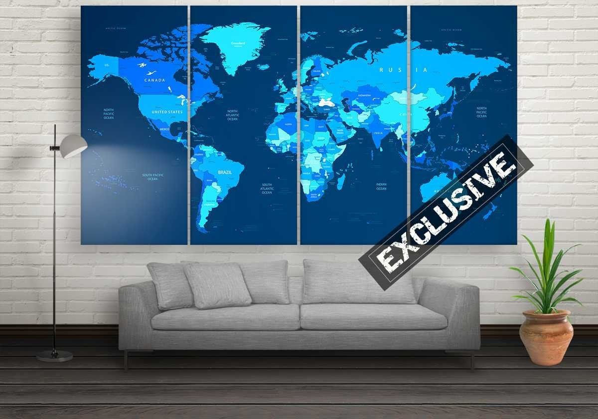 Blue World Map – World Map 5 Panel Canvas Art Wall Decor – Canvas Storm With Globe Wall Art (View 4 of 15)