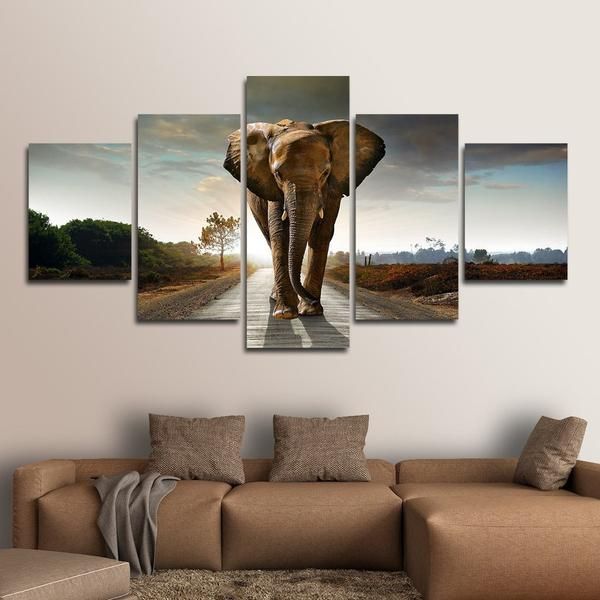 Brown African Elephant – Animal 5 Panel Canvas Art Wall Decor – Canvas Regarding Elephants Wall Art (View 5 of 15)