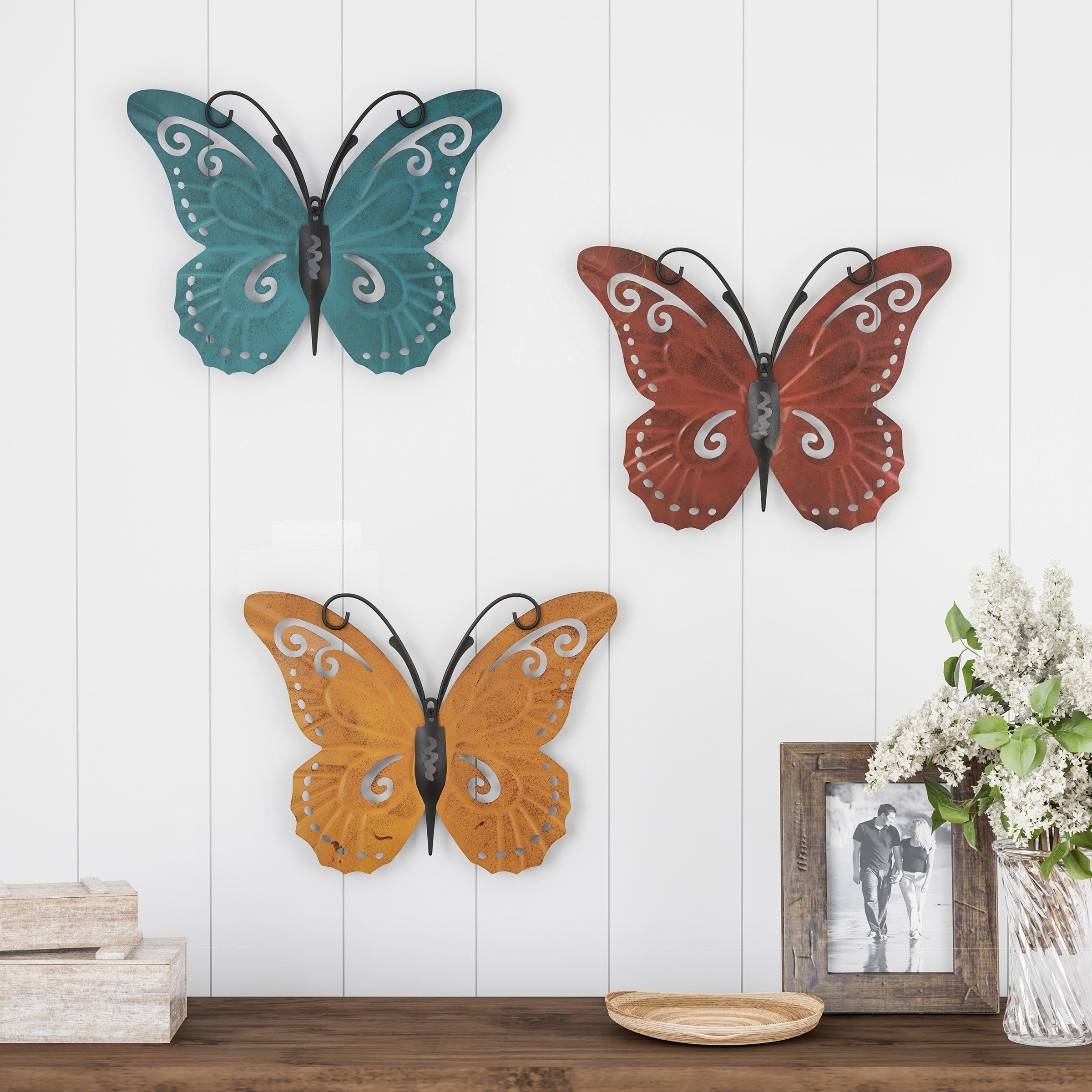 Butterfly Metal Wall Art 3 Piece Set  Hand Painted Decorative 3D Nature Pertaining To 3 Piece Metal Wall Art Set (View 11 of 15)