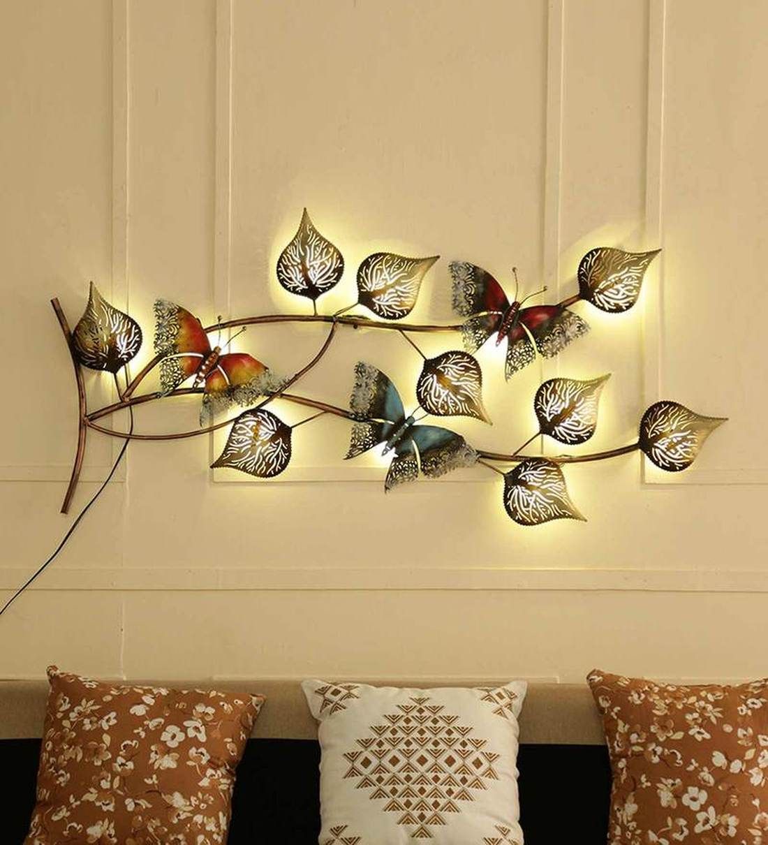 Buy Metal Butterfly On Leaf With Led In Multicolour Wall Artmalik In Metallic Swirl Wall Art (View 1 of 15)