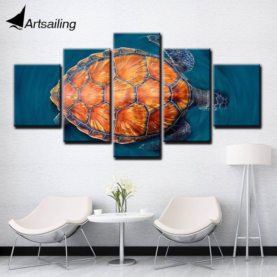 Canvas Wall Art 5 Pieces Sea Turtle Swimming Painting Wall Art Painting In Swimming Wall Art (View 1 of 15)