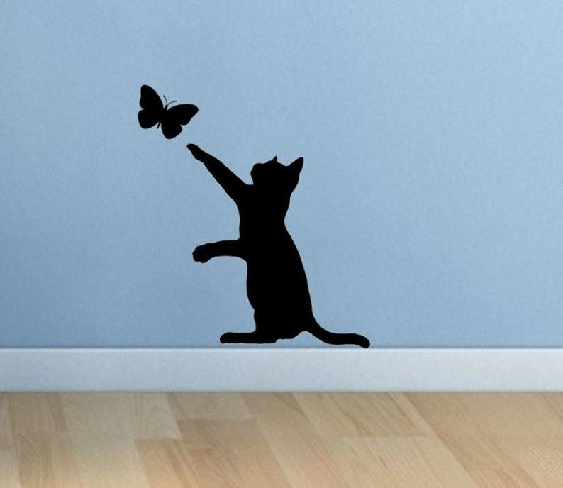 Cat Butterfly Black Silhouette Vinyl Sticker Wall Art Decal | Etsy With Regard To Silhouette Wall Art (View 15 of 15)