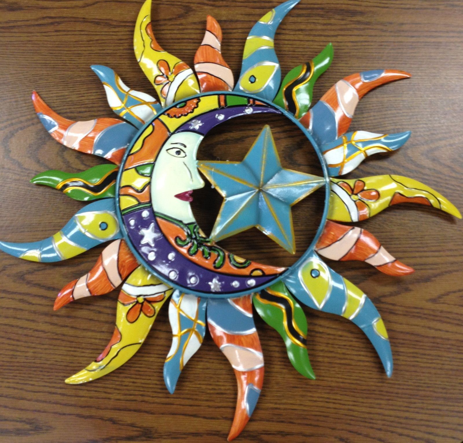 Colorfully Painted Moon Star & Sun Celestial Decorative Metal Wall Art Inside Moonlight Wall Art (View 5 of 15)