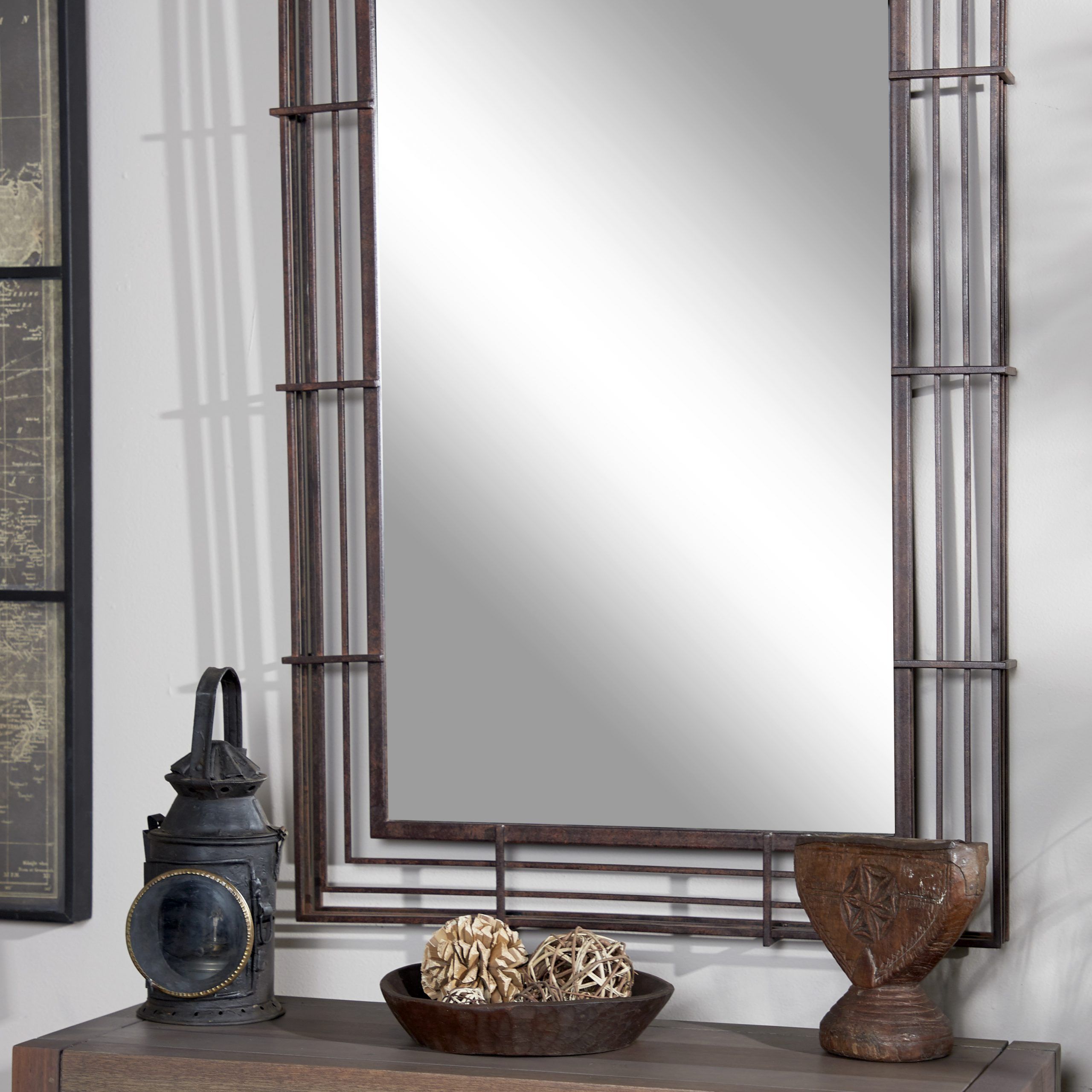 Decmode – Large Rectangular Industrial Wrought Iron Wall Mirror With Inside Square Bronze Metal Wall Art (View 10 of 15)